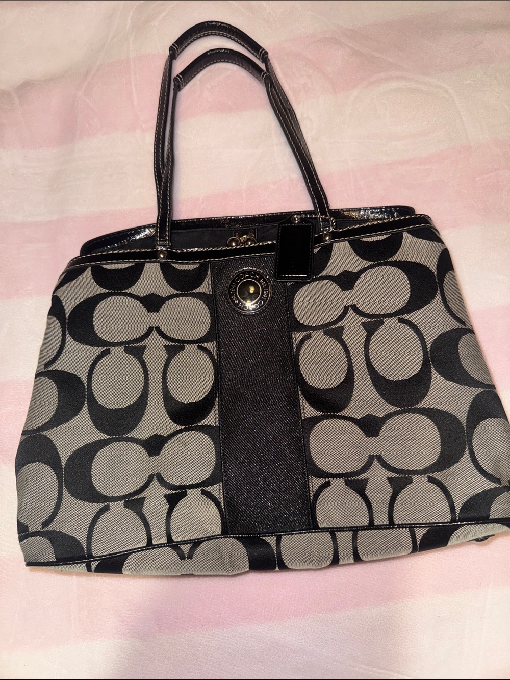 Coach Gray and Black Signature Canvas Tote